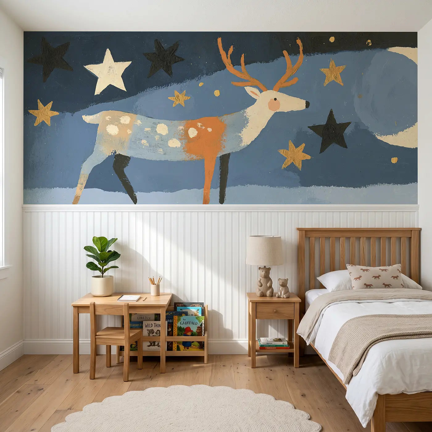 Modern Illustration reindeer star night wainscoting wallpaper for bedroom by Whimsy Tots.