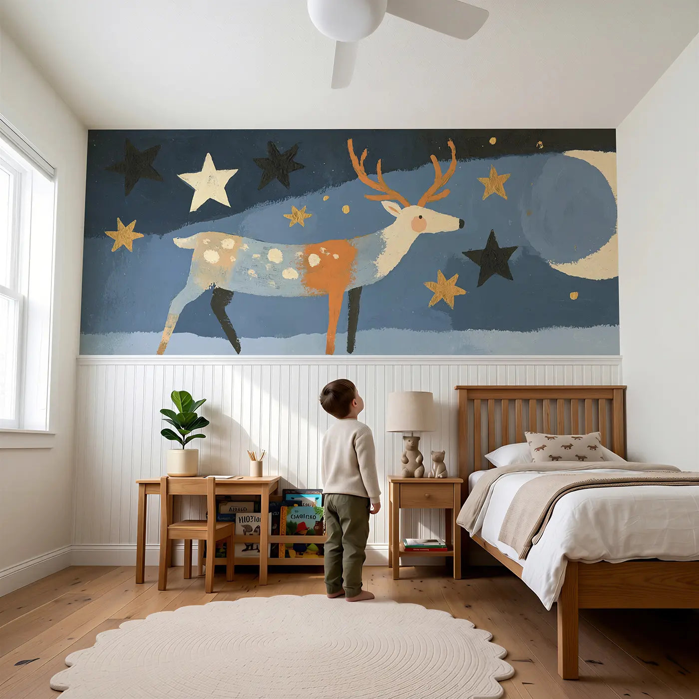 Child reading near Graphic Reindeer Star Night Wainscoting Wallpaper by Whimsy Tots
