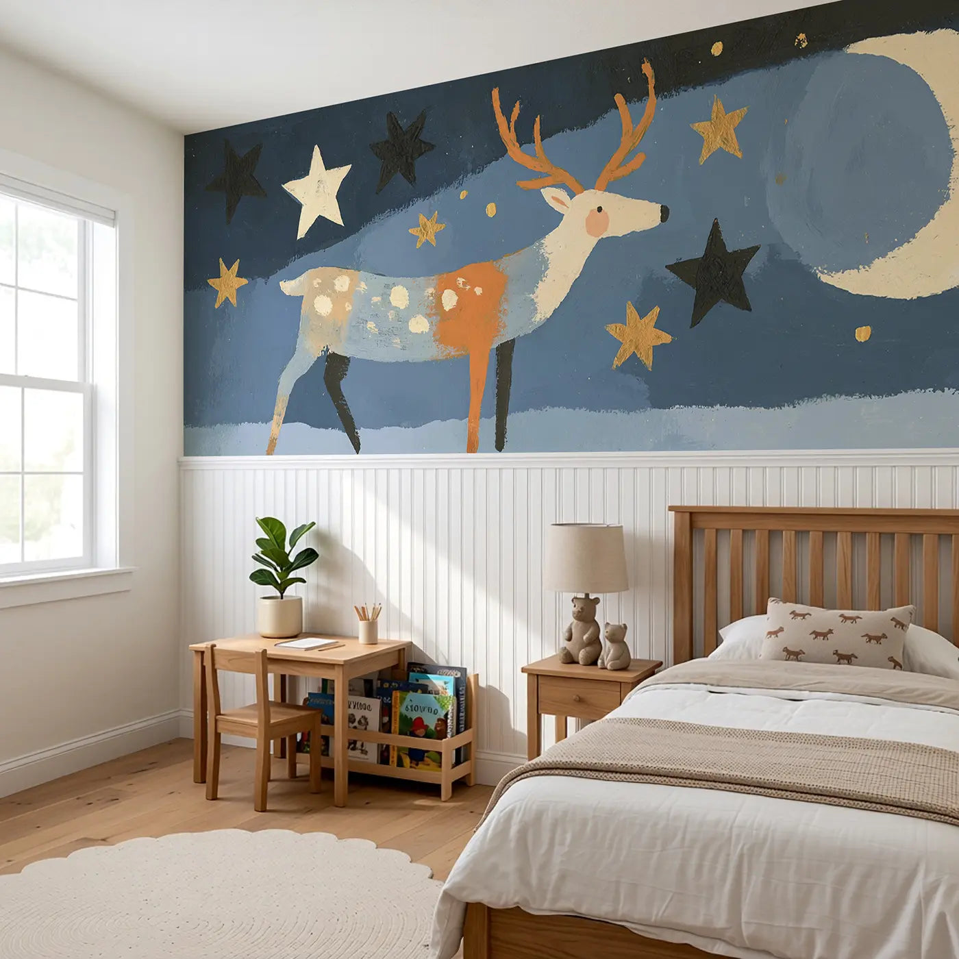 Graphic Reindeer Star Night Wainscoting Wallpaper styled in a kids bedroom by Whimsy Tots