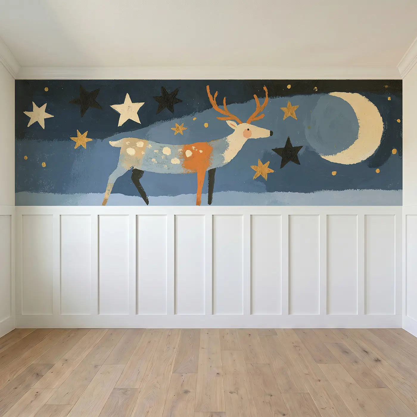 Full panel view of Graphic Reindeer Star Night Wainscoting Wallpaper by Whimsy Tots
