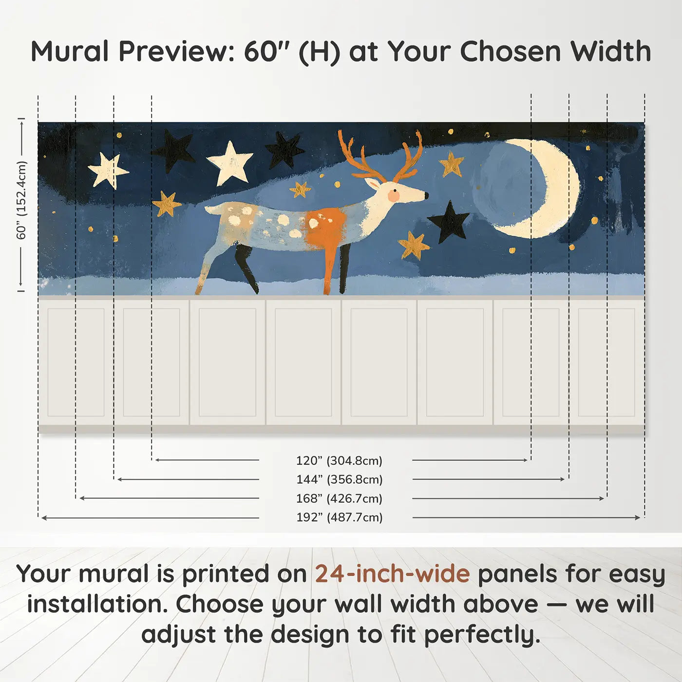 Panel dimensions for Graphic Reindeer Star Night Wainscoting Wallpaper by Whimsy Tots