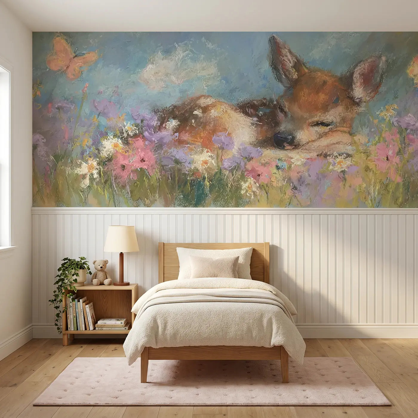 Soft Pastel fawn flower nap chalk wainscoting wallpaper for nursery by Whimsy Tots.