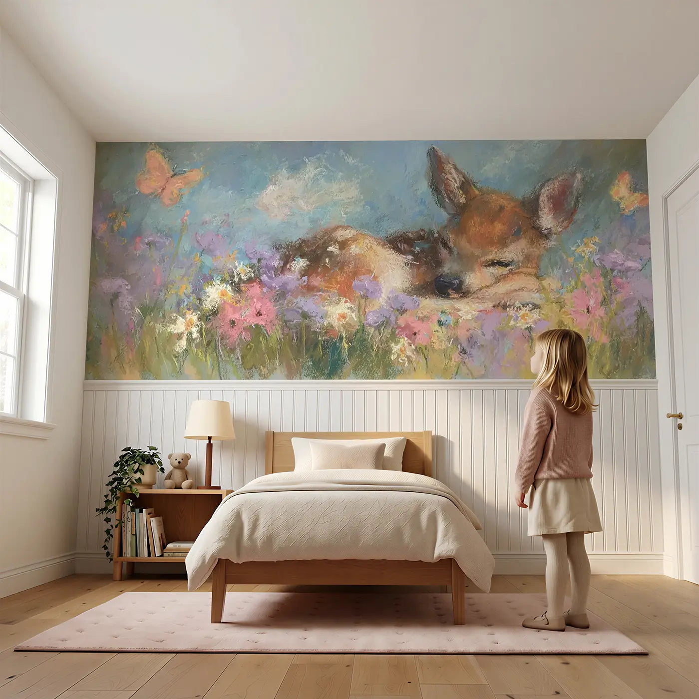 Child reading near Chalk Fawn Flower Nap Soft Wainscoting Wallpaper by Whimsy Tots