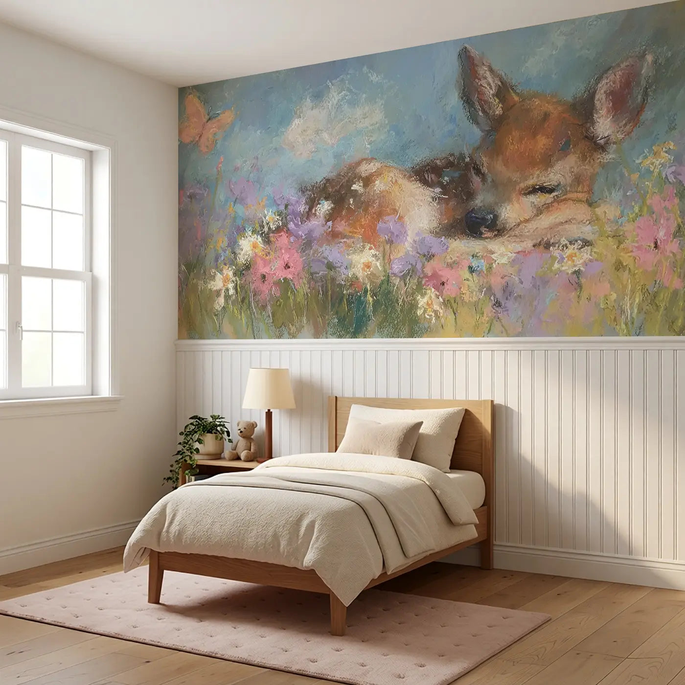 Chalk Fawn Flower Nap Soft Wainscoting Wallpaper styled in a kids bedroom by Whimsy Tots