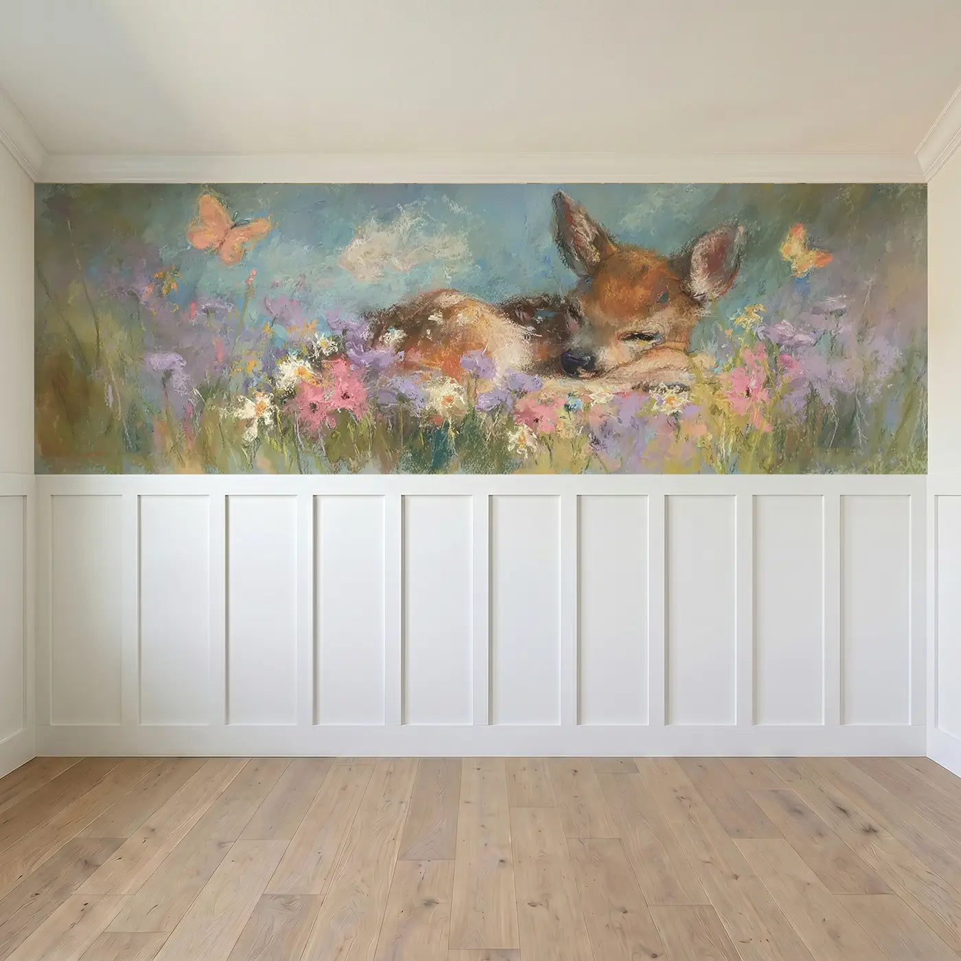 Full panel view of Chalk Fawn Flower Nap Soft Wainscoting Wallpaper by Whimsy Tots
