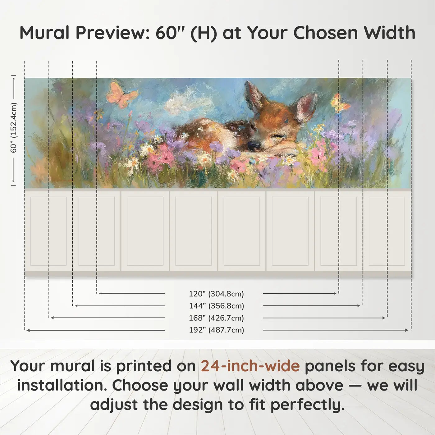 Panel dimensions for Chalk Fawn Flower Nap Soft Wainscoting Wallpaper by Whimsy Tots