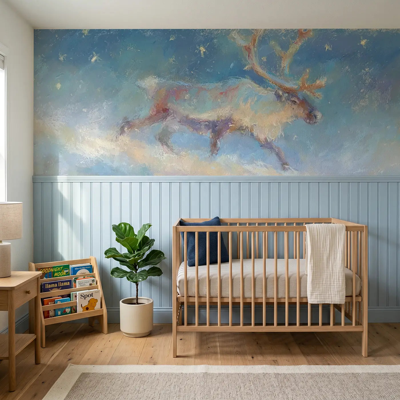 Soft Pastel reindeer snow gentle chalk wainscoting wallpaper for nursery by Whimsy Tots.