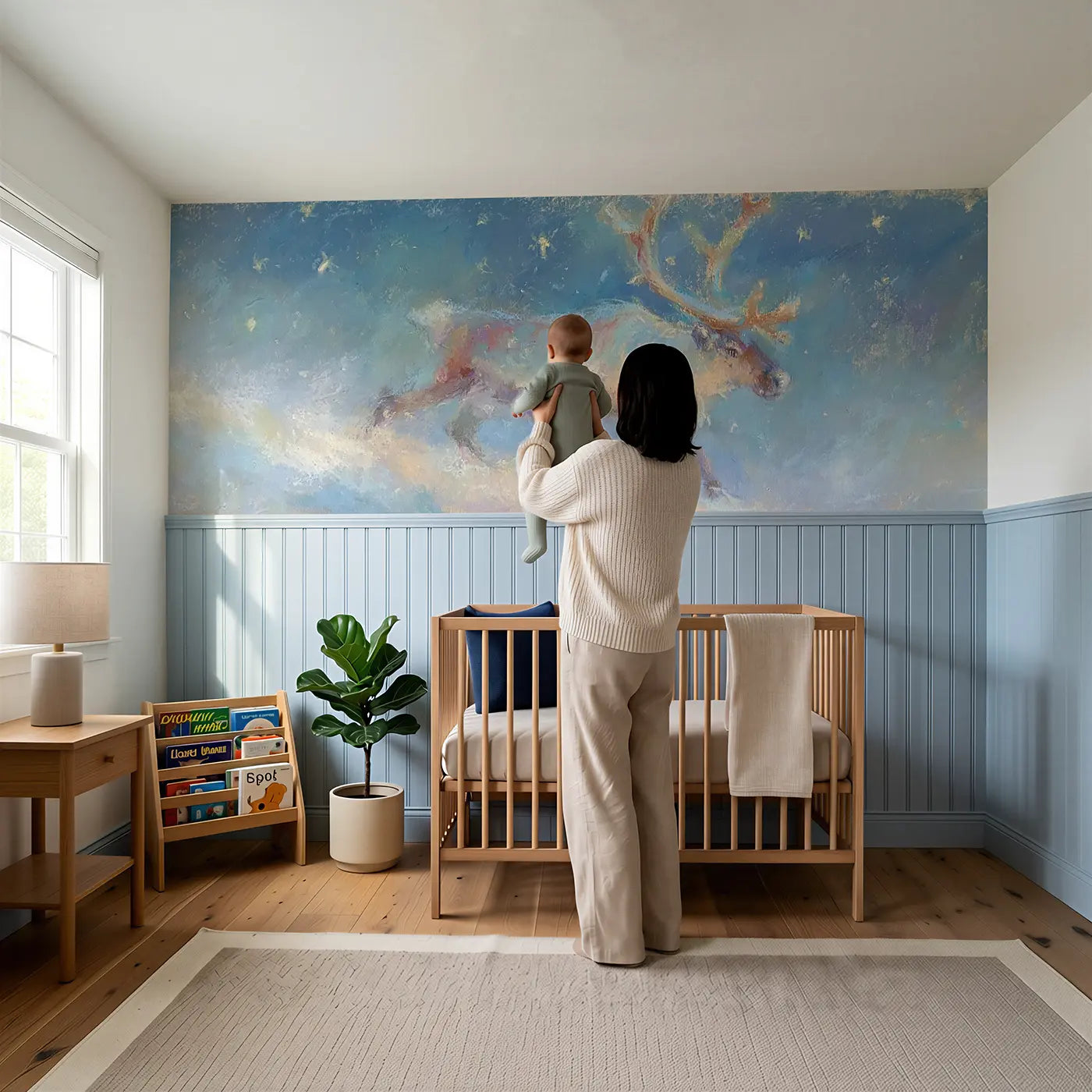 Child reading near Pastel Reindeer Snow Gentle Wainscoting Wallpaper by Whimsy Tots