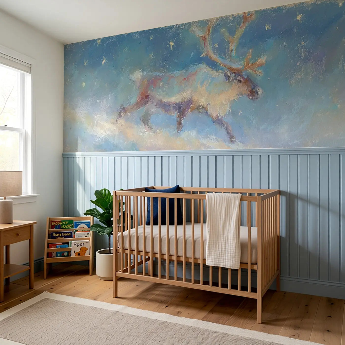Pastel Reindeer Snow Gentle Wainscoting Wallpaper styled in a kids bedroom by Whimsy Tots
