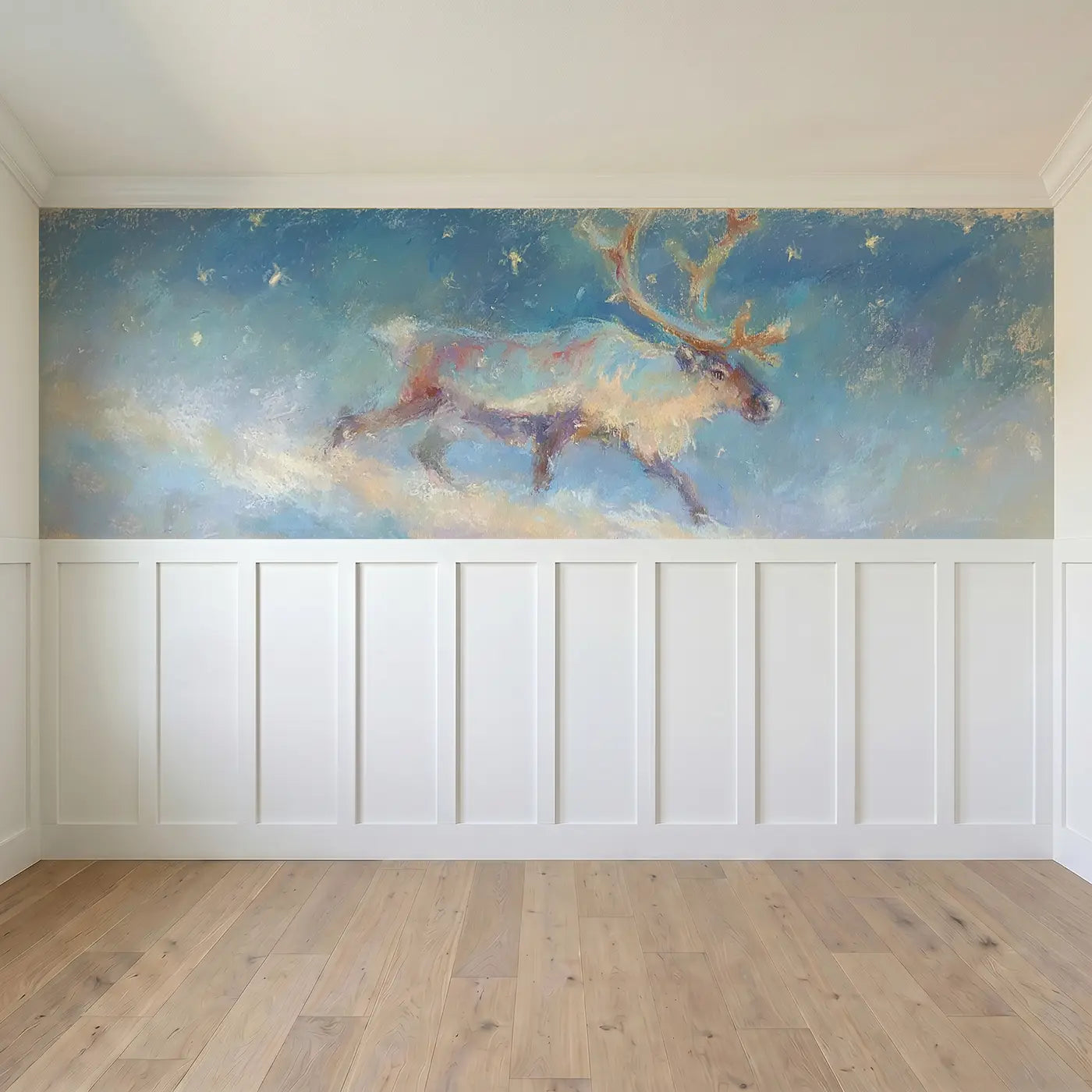 Full panel view of Pastel Reindeer Snow Gentle Wainscoting Wallpaper by Whimsy Tots