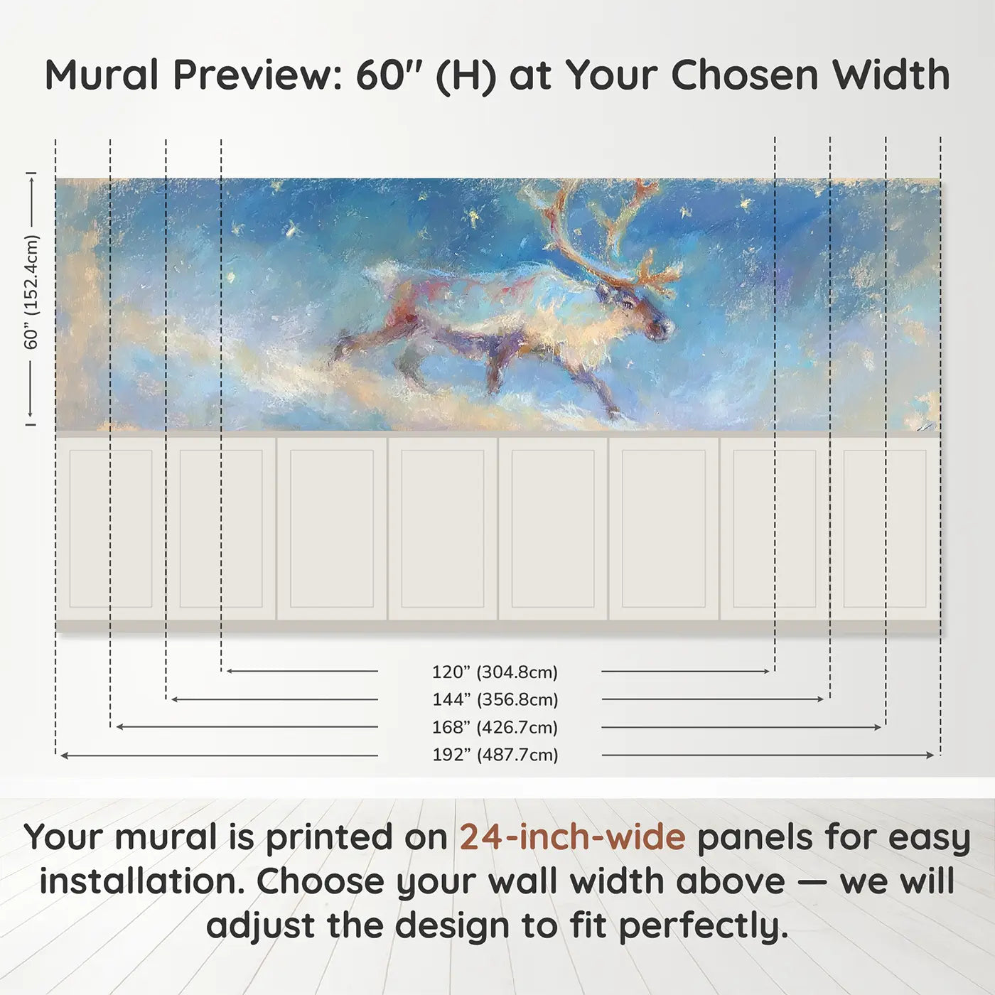 Panel dimensions for Pastel Reindeer Snow Gentle Wainscoting Wallpaper by Whimsy Tots