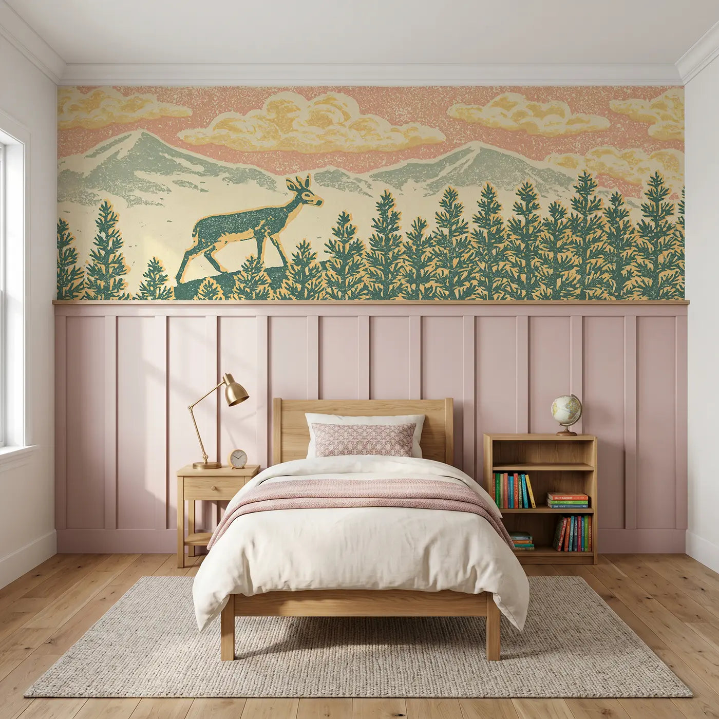 Block Print deer pine ridge wainscoting wallpaper for bedroom by Whimsy Tots.