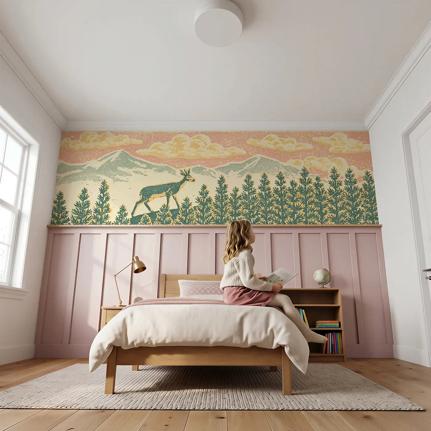 Child reading near Carved Deer Pine Ridge Wainscoting Wallpaper by Whimsy Tots