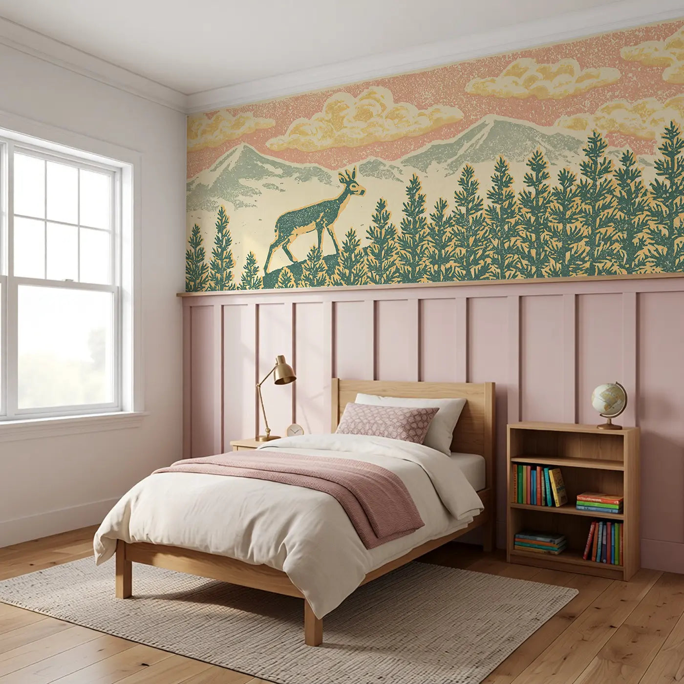 Carved Deer Pine Ridge Wainscoting Wallpaper styled in a kids bedroom by Whimsy Tots