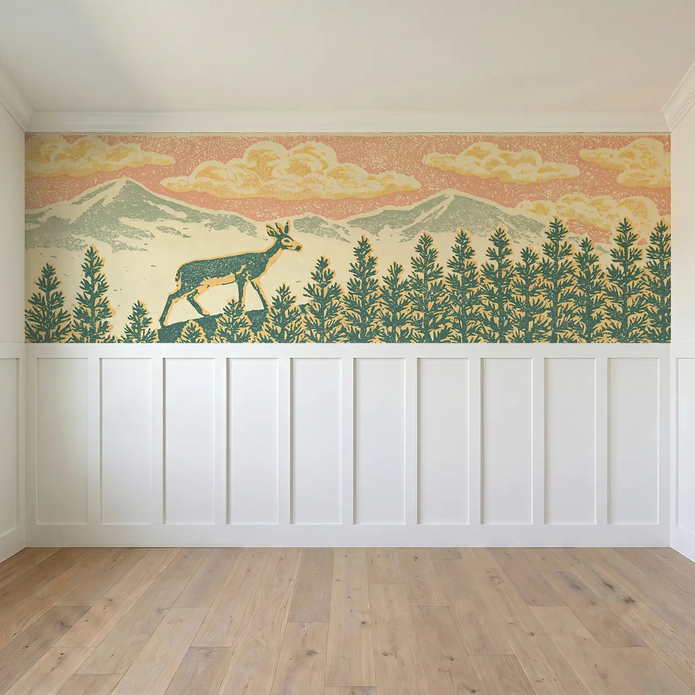 Full panel view of Carved Deer Pine Ridge Wainscoting Wallpaper by Whimsy Tots