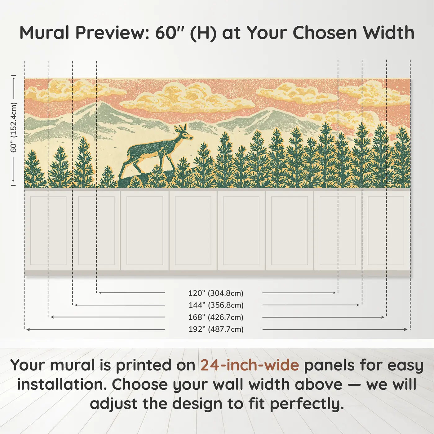 Panel dimensions for Carved Deer Pine Ridge Wainscoting Wallpaper by Whimsy Tots