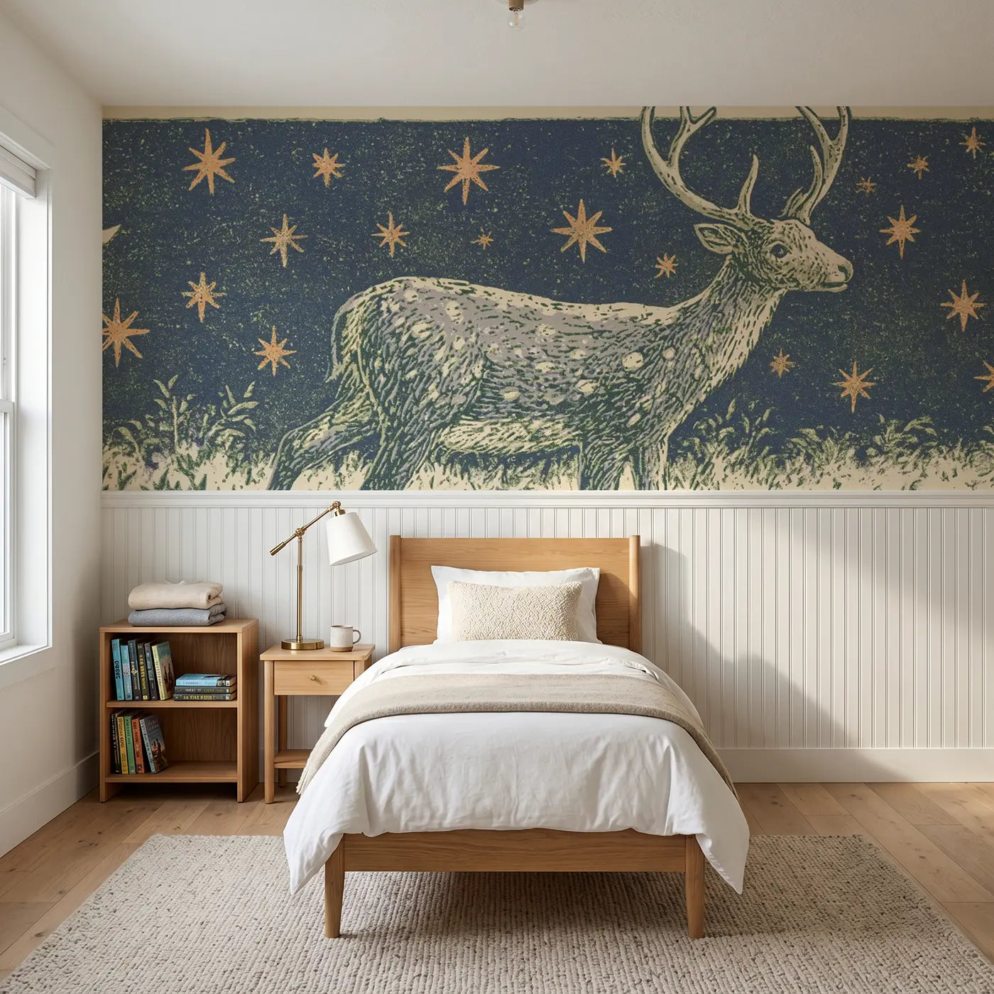 Block Print reindeer star folk wainscoting wallpaper for bedroom by Whimsy Tots.