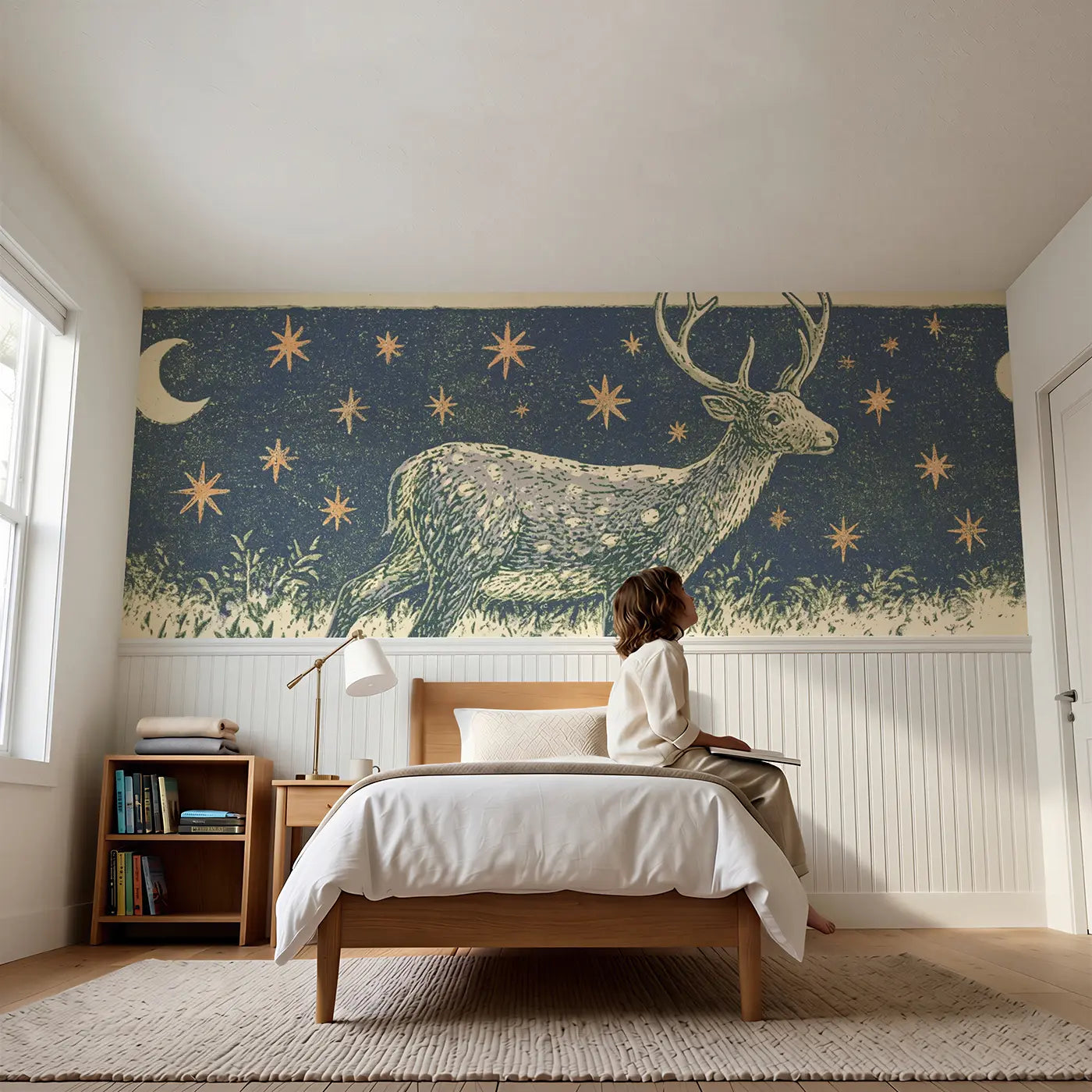 Child reading near Block Print Reindeer Star Folk Wainscoting Wallpaper by Whimsy Tots