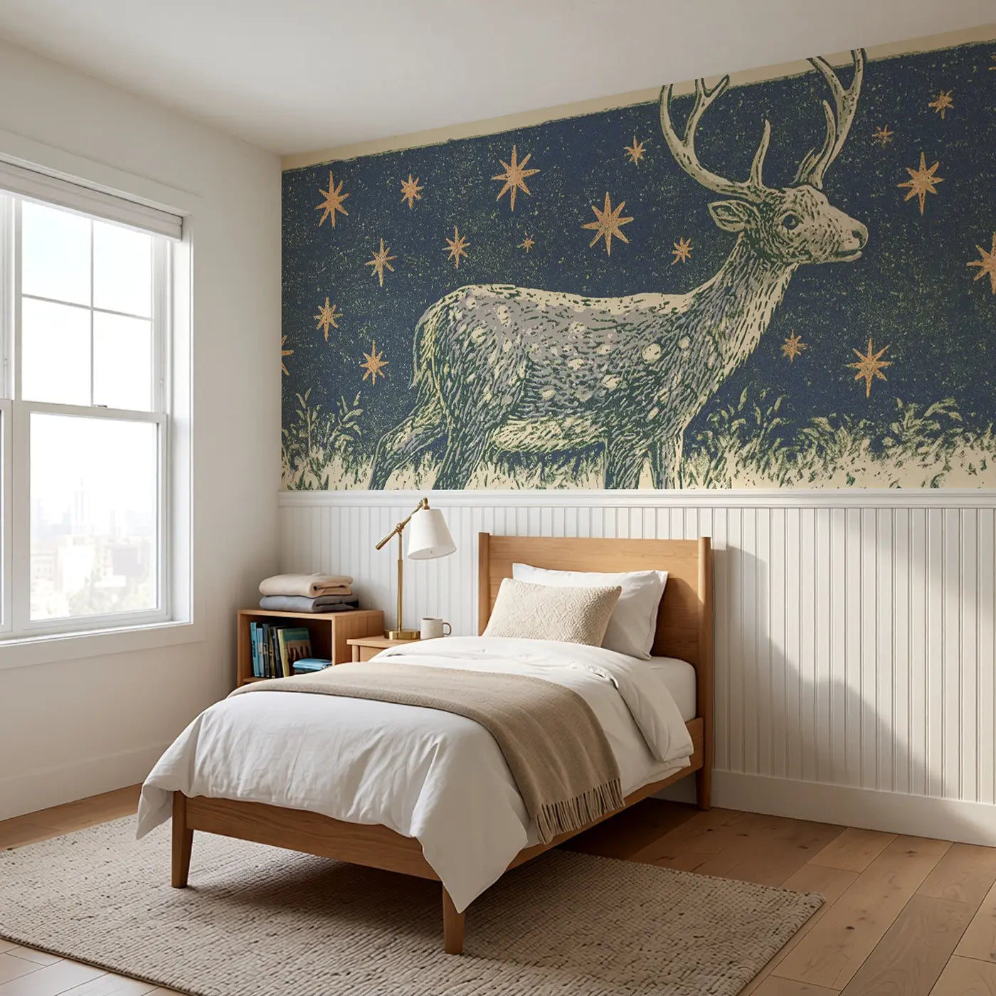 Block Print Reindeer Star Folk Wainscoting Wallpaper styled in a kids bedroom by Whimsy Tots