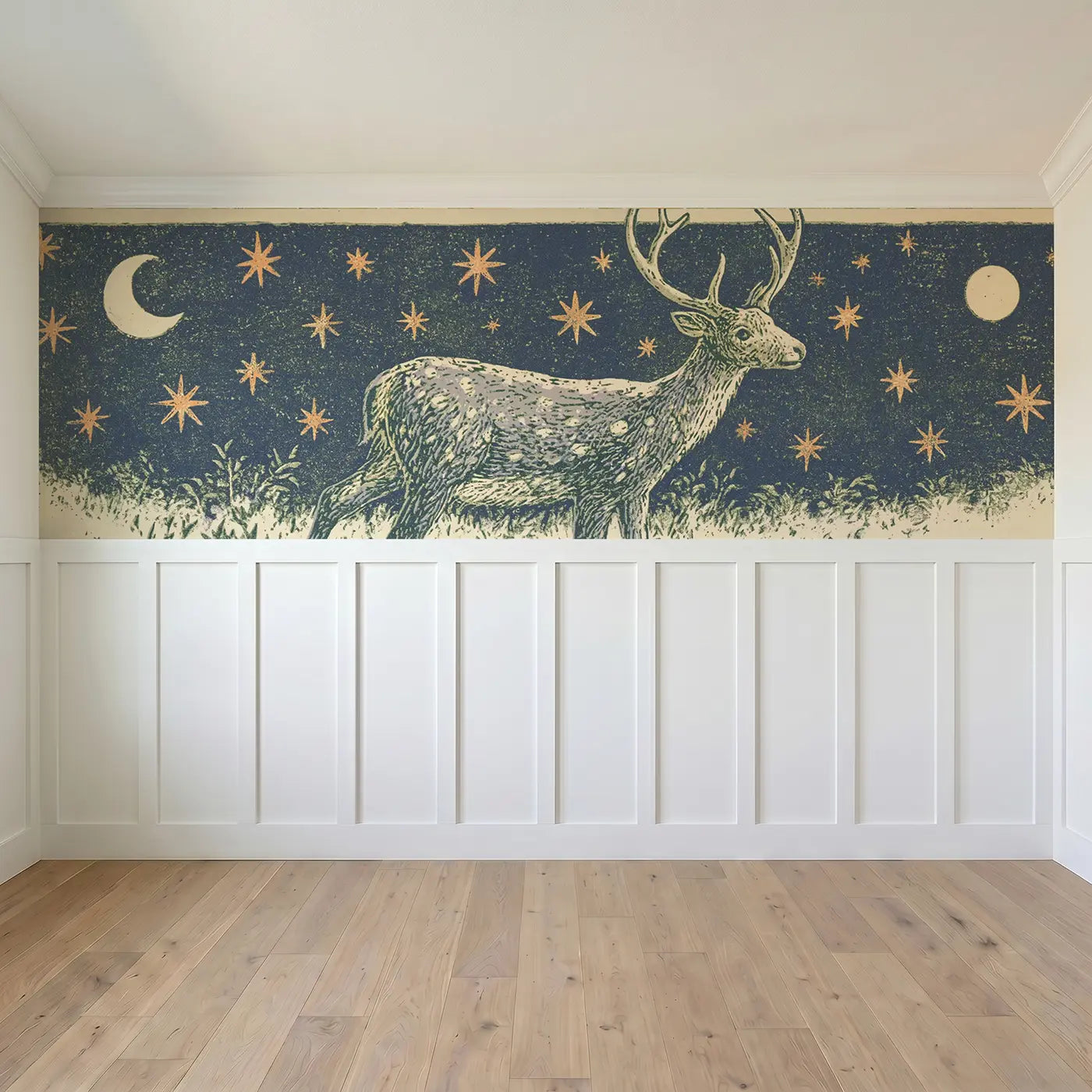Full panel view of Block Print Reindeer Star Folk Wainscoting Wallpaper by Whimsy Tots