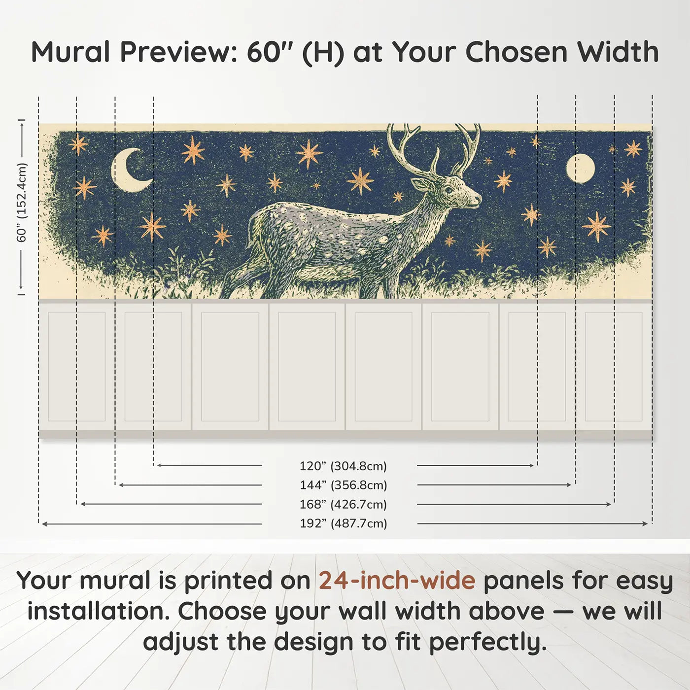 Panel dimensions for Block Print Reindeer Star Folk Wainscoting Wallpaper by Whimsy Tots