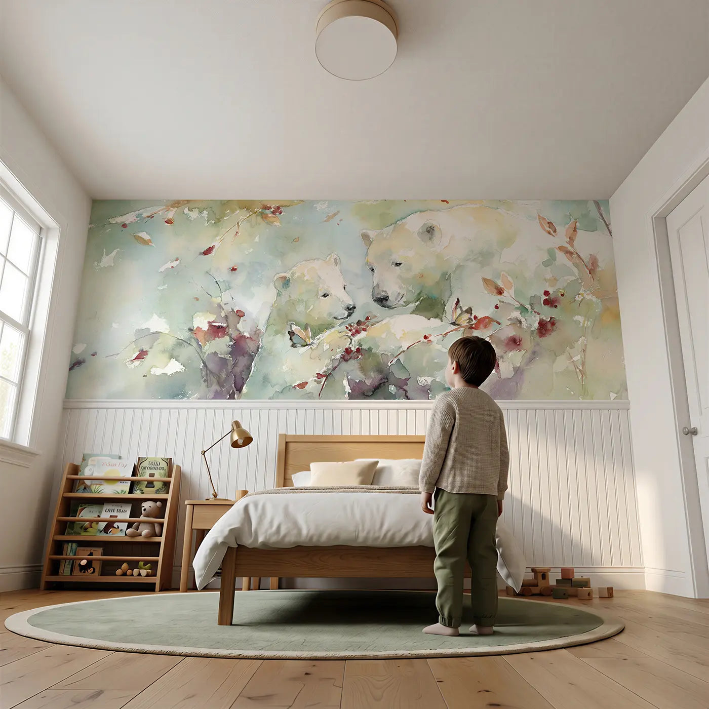 Child reading near Bear Cub Berry Bush Pick Wainscoting Wallpaper by Whimsy Tots