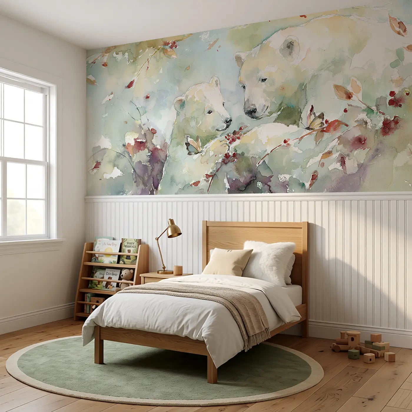 Bear Cub Berry Bush Pick Wainscoting Wallpaper styled in a kids bedroom by Whimsy Tots