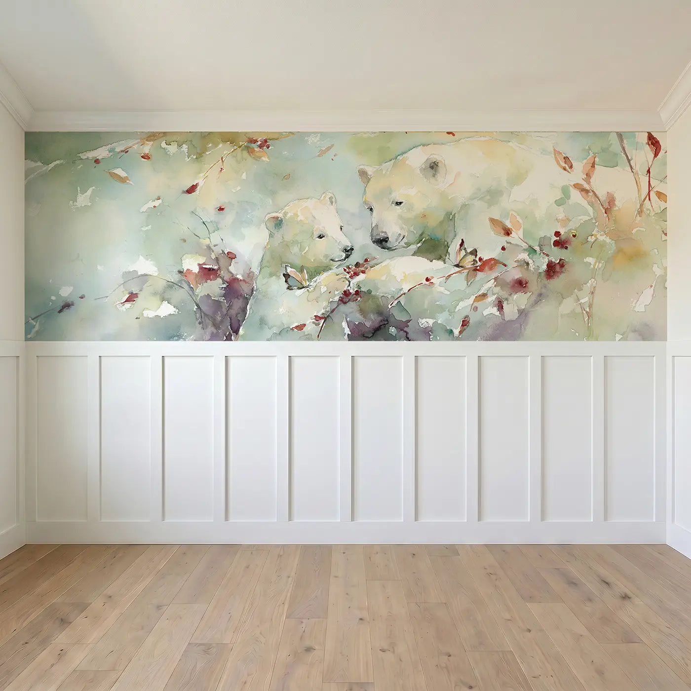 Full panel view of Bear Cub Berry Bush Pick Wainscoting Wallpaper by Whimsy Tots