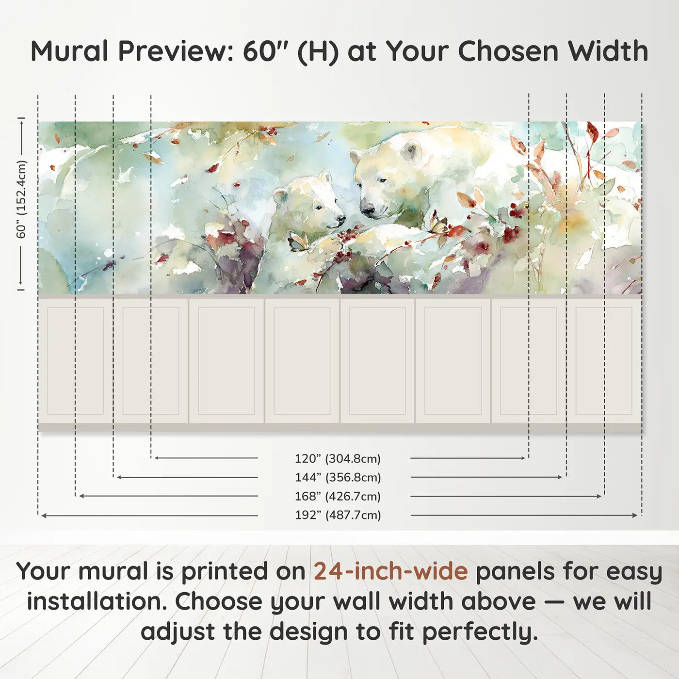 Panel dimensions for Bear Cub Berry Bush Pick Wainscoting Wallpaper by Whimsy Tots