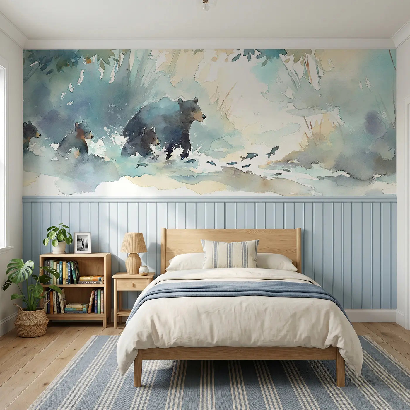 Watercolor bear mother cubs stream play wainscoting wallpaper for bedroom by Whimsy Tots.