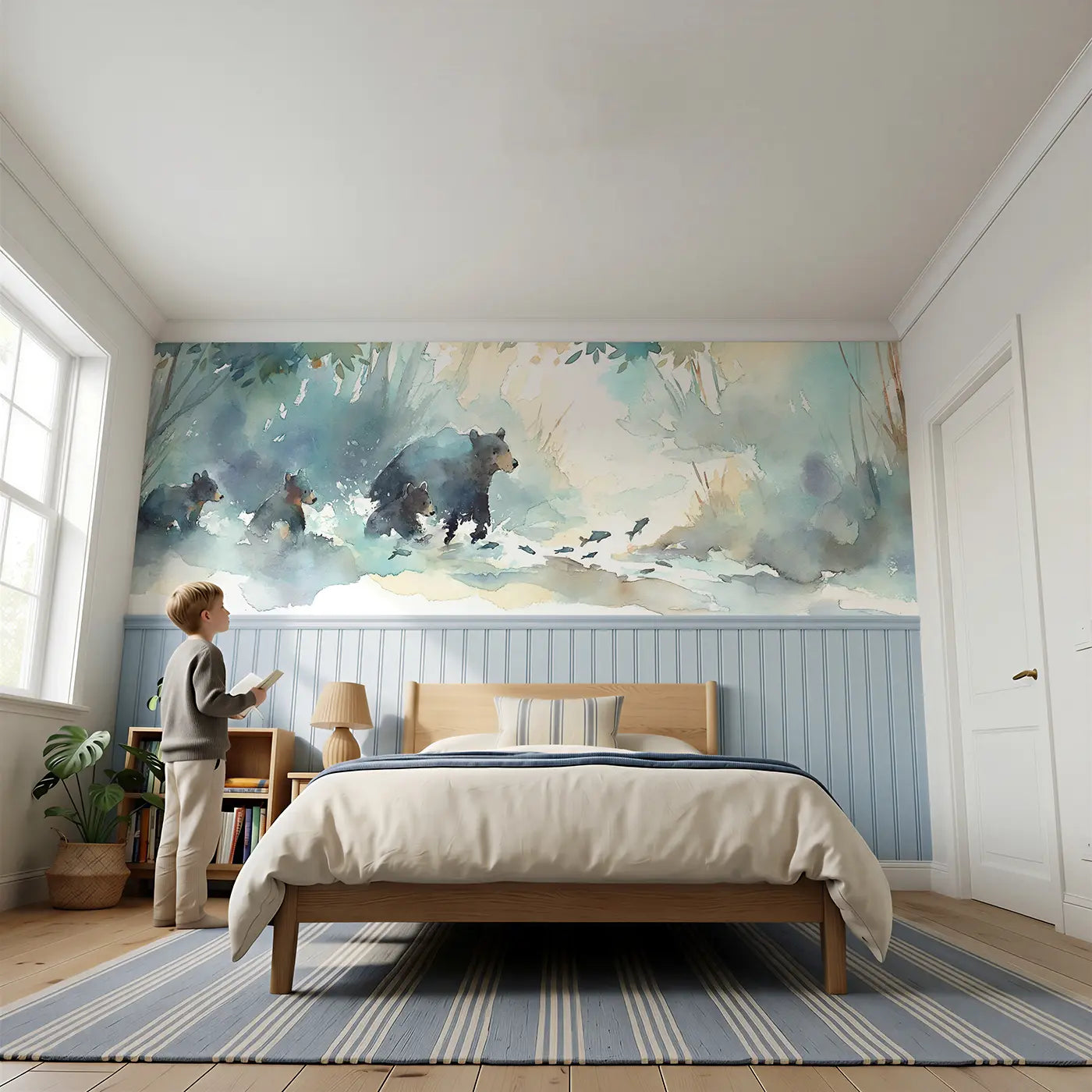 Child reading near Bear Mother Cubs Stream Play Wainscoting Wallpaper by Whimsy Tots