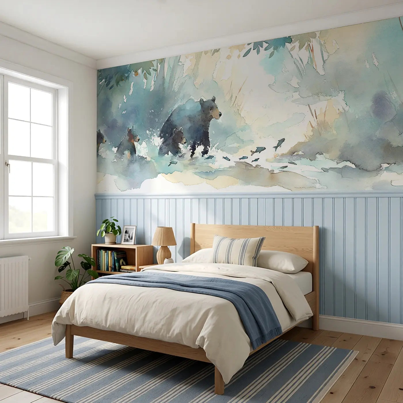 Bear Mother Cubs Stream Play Wainscoting Wallpaper styled in a kids bedroom by Whimsy Tots