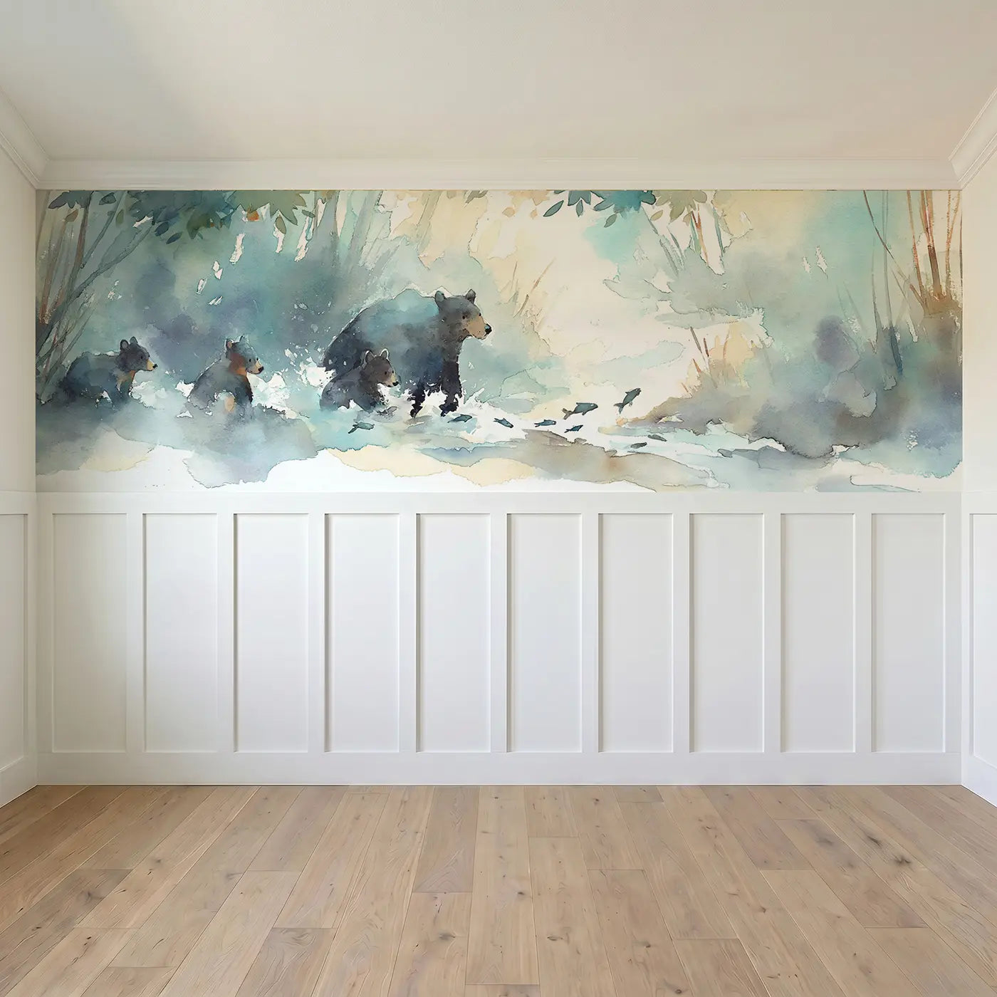 Full panel view of Bear Mother Cubs Stream Play Wainscoting Wallpaper by Whimsy Tots