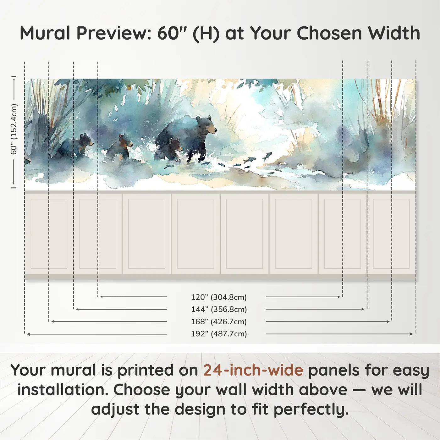 Panel dimensions for Bear Mother Cubs Stream Play Wainscoting Wallpaper by Whimsy Tots