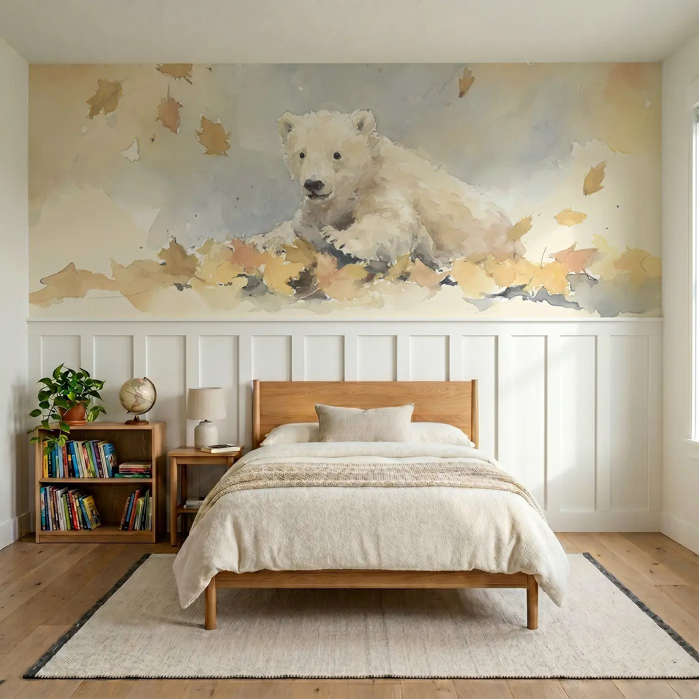 Watercolor bear autumn leaf pile jump wainscoting wallpaper for bedroom by Whimsy Tots.