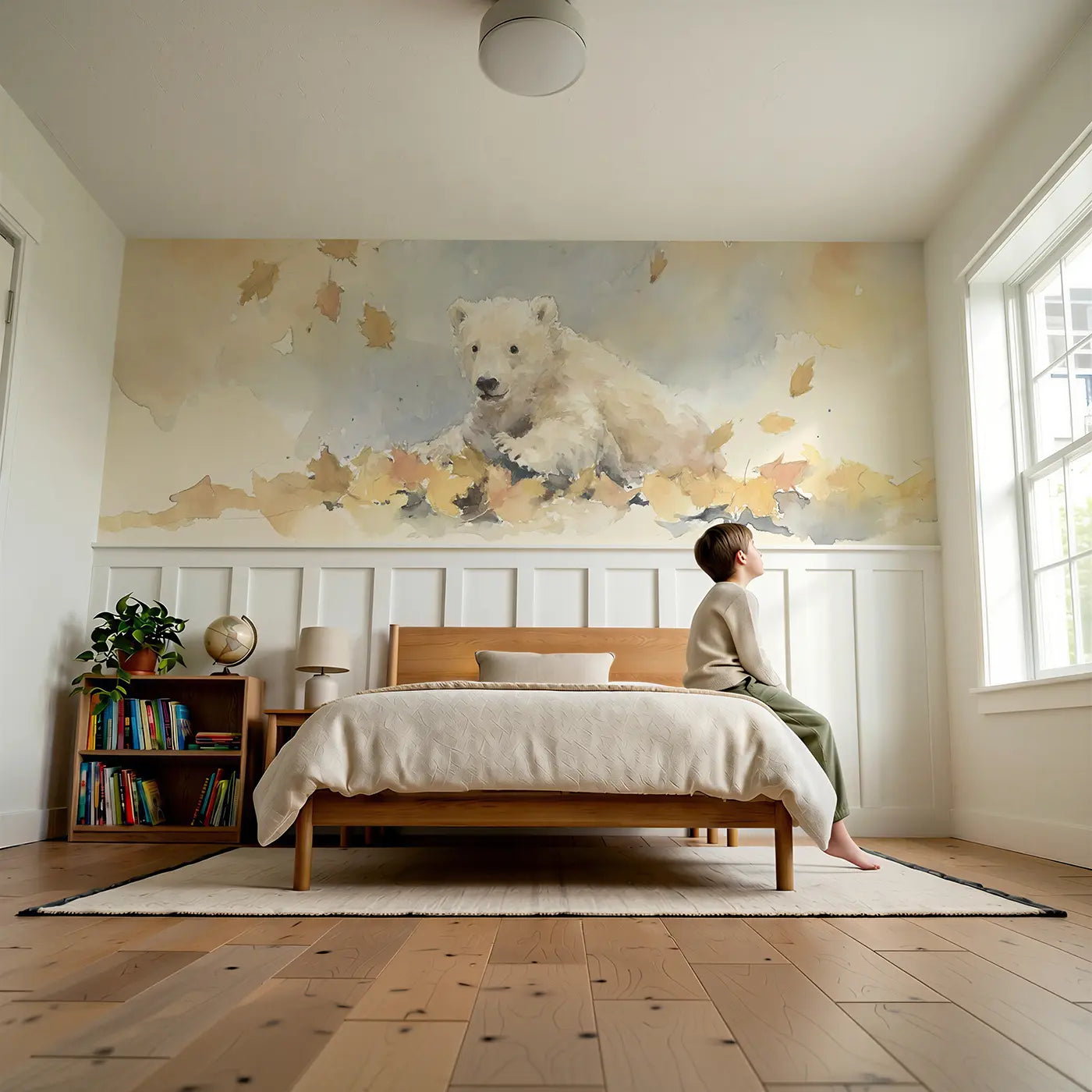Child reading near Bear Autumn Leaf Pile Jump Wainscoting Wallpaper by Whimsy Tots