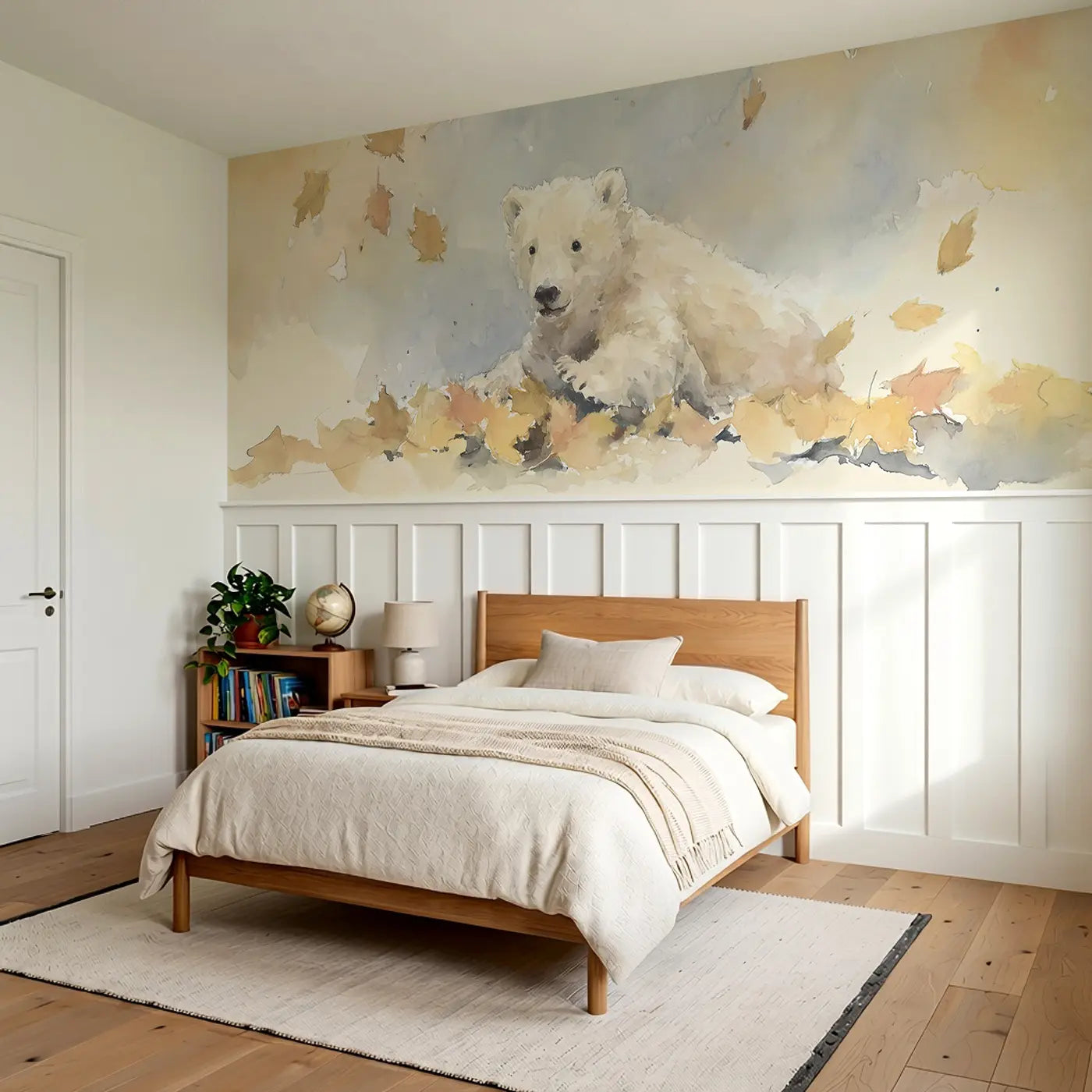 Bear Autumn Leaf Pile Jump Wainscoting Wallpaper styled in a kids bedroom by Whimsy Tots