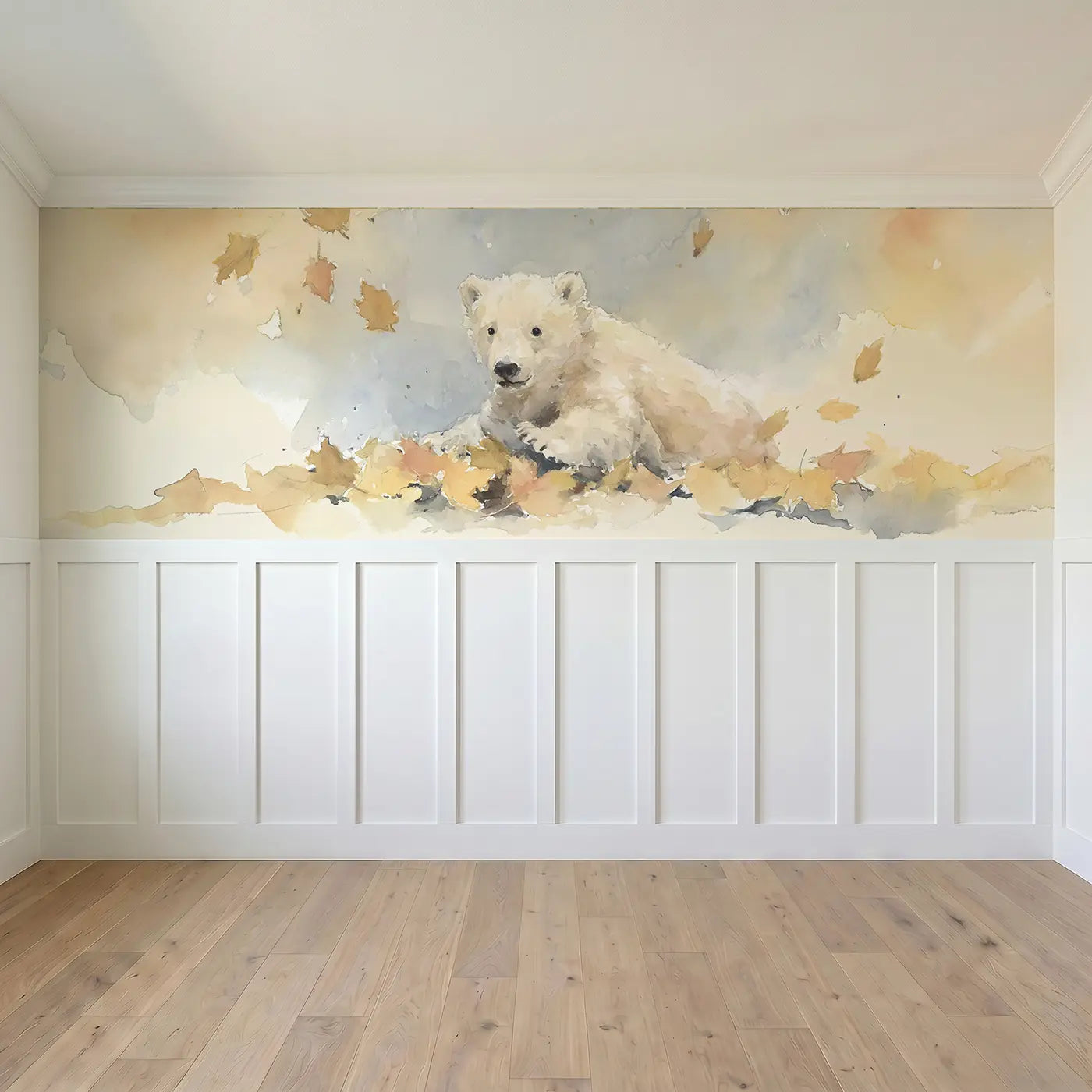 Full panel view of Bear Autumn Leaf Pile Jump Wainscoting Wallpaper by Whimsy Tots