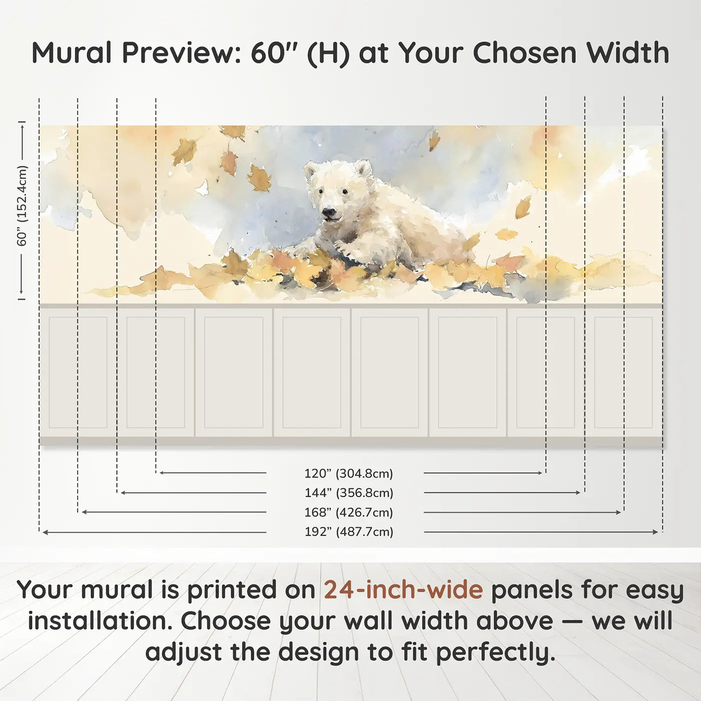 Panel dimensions for Bear Autumn Leaf Pile Jump Wainscoting Wallpaper by Whimsy Tots