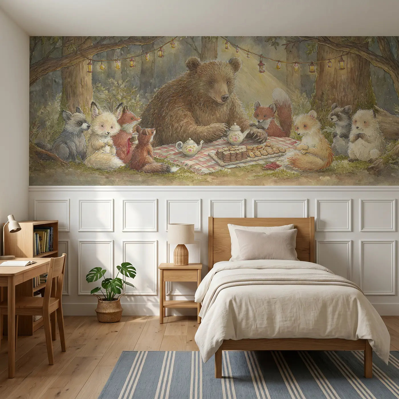 Storybook bear tea party forest clearing wainscoting wallpaper for bedroom by Whimsy Tots.