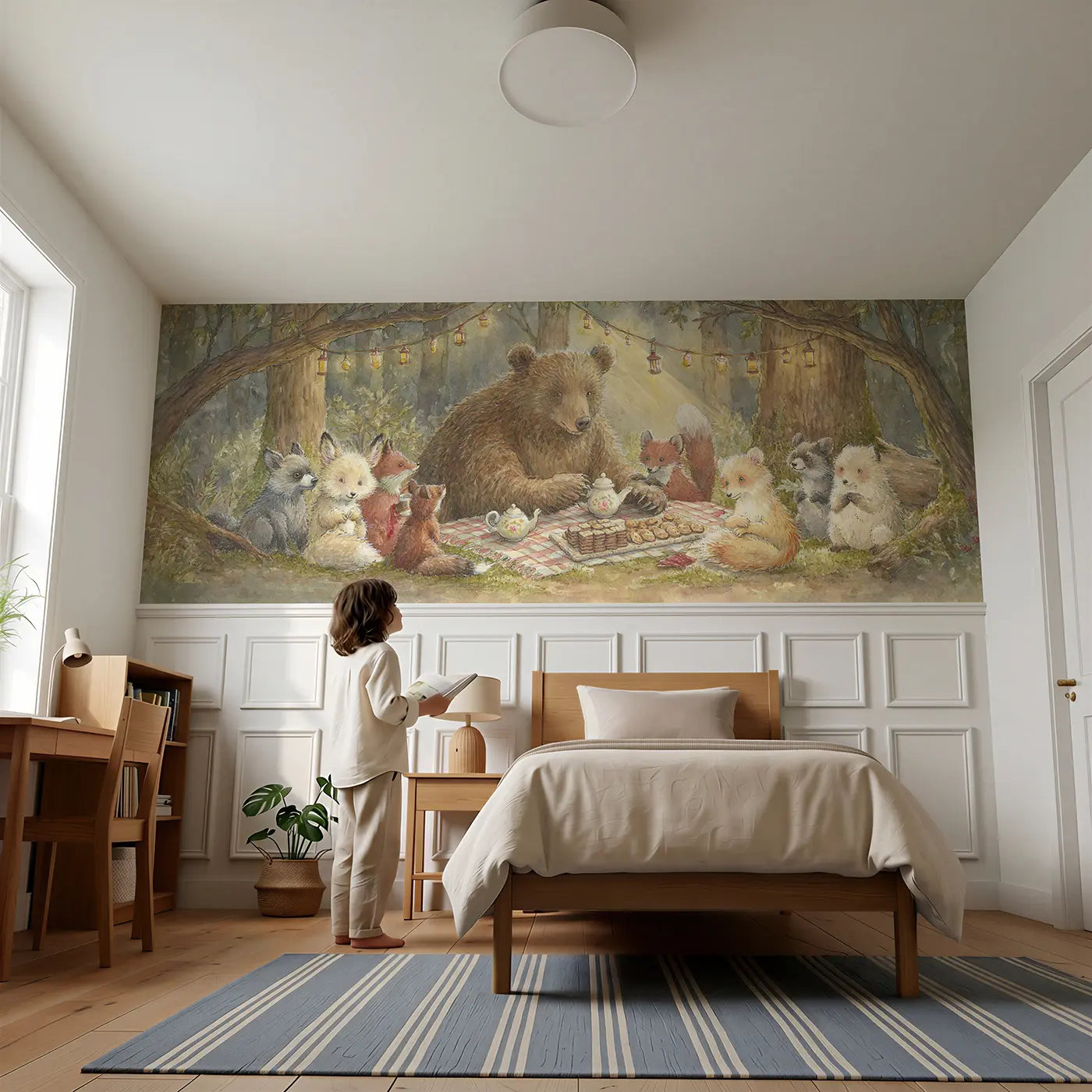 Child reading near Bear Tea Party Forest Clearing Wainscoting Wallpaper by Whimsy Tots