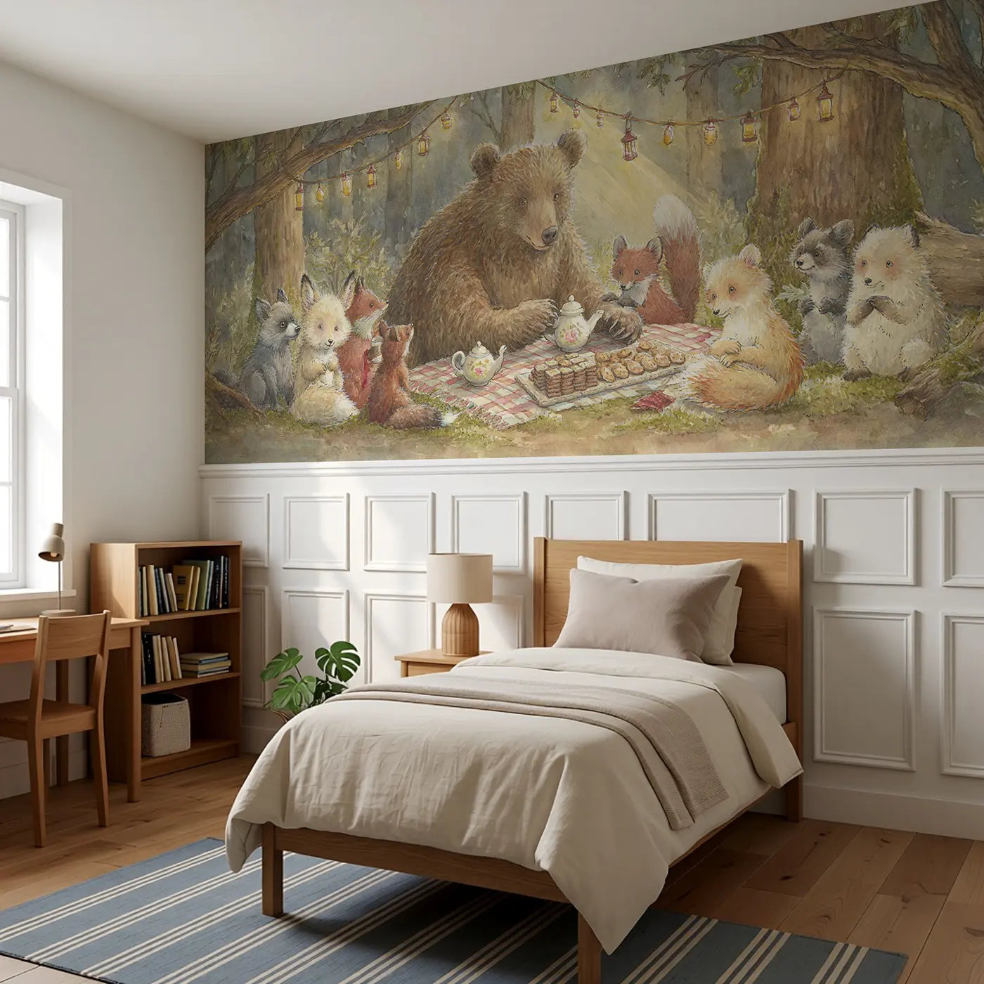 Bear Tea Party Forest Clearing Wainscoting Wallpaper styled in a kids bedroom by Whimsy Tots