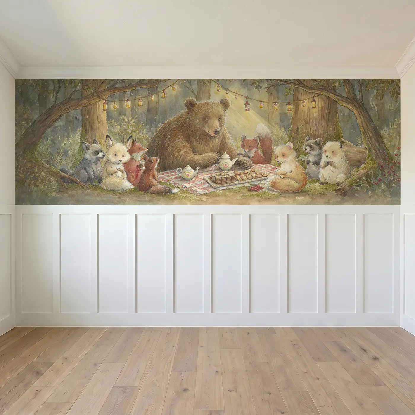 Full panel view of Bear Tea Party Forest Clearing Wainscoting Wallpaper by Whimsy Tots