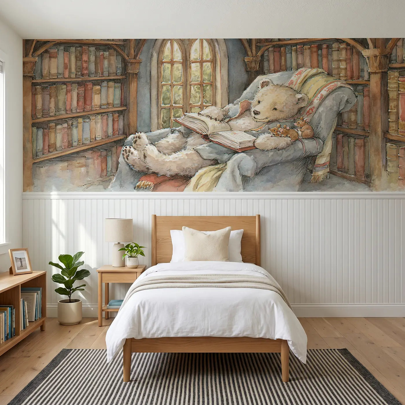 Storybook bear library reading window wainscoting wallpaper for bedroom by Whimsy Tots.