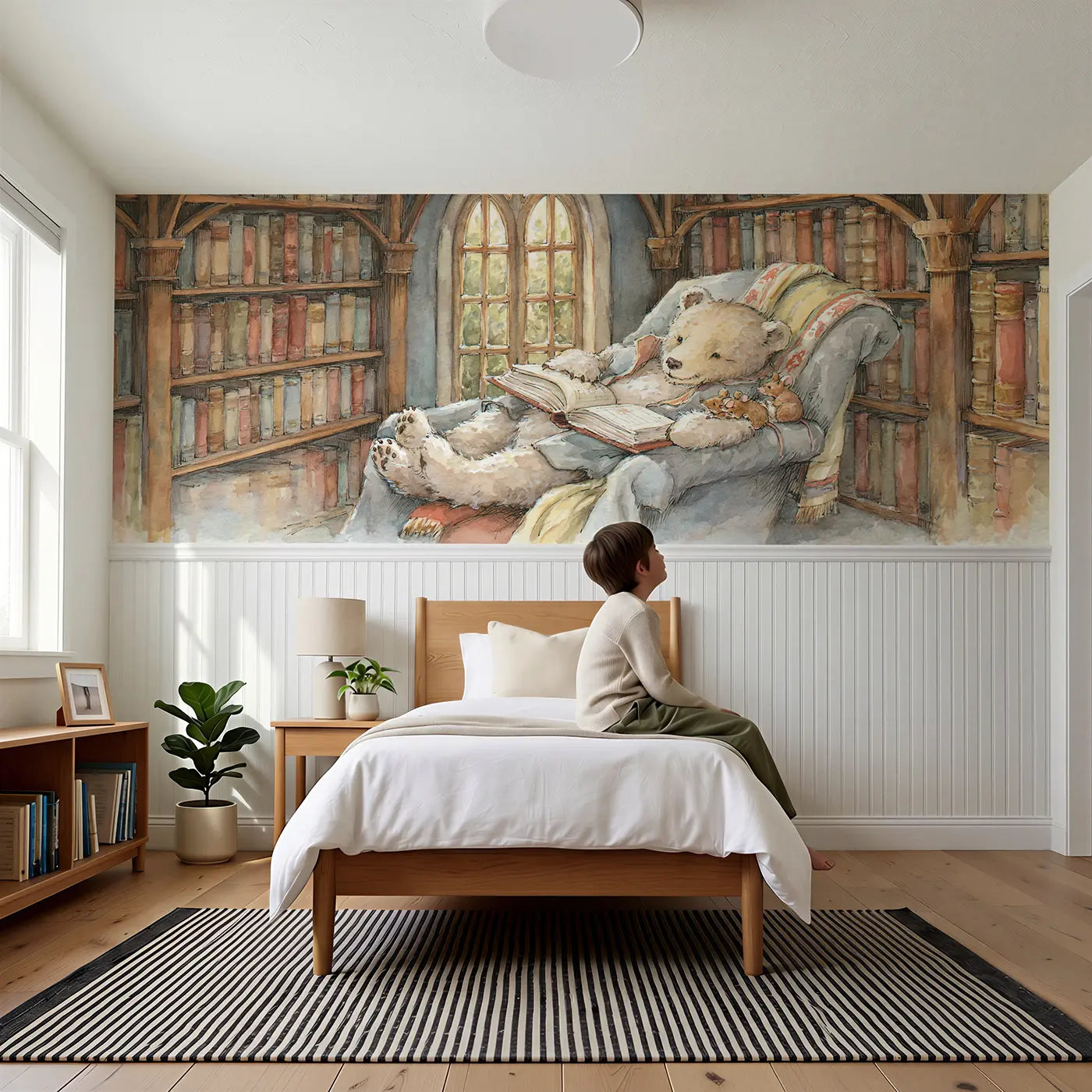 Child reading near Bear Library Reading Window Wainscoting Wallpaper by Whimsy Tots