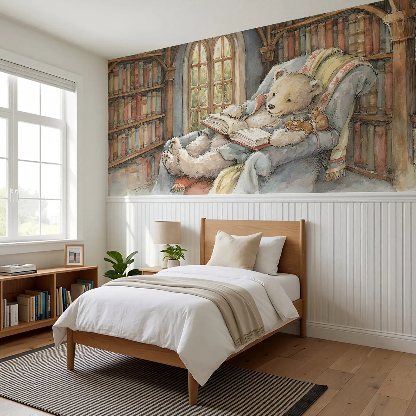 Bear Library Reading Window Wainscoting Wallpaper styled in a kids bedroom by Whimsy Tots