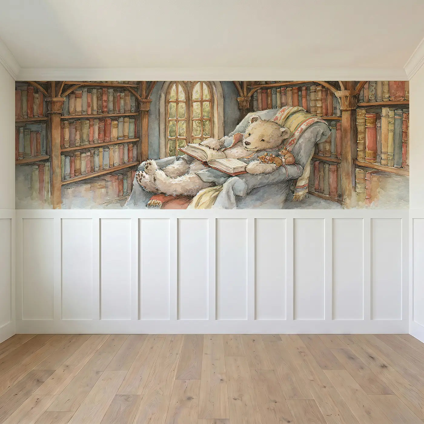 Full panel view of Bear Library Reading Window Wainscoting Wallpaper by Whimsy Tots