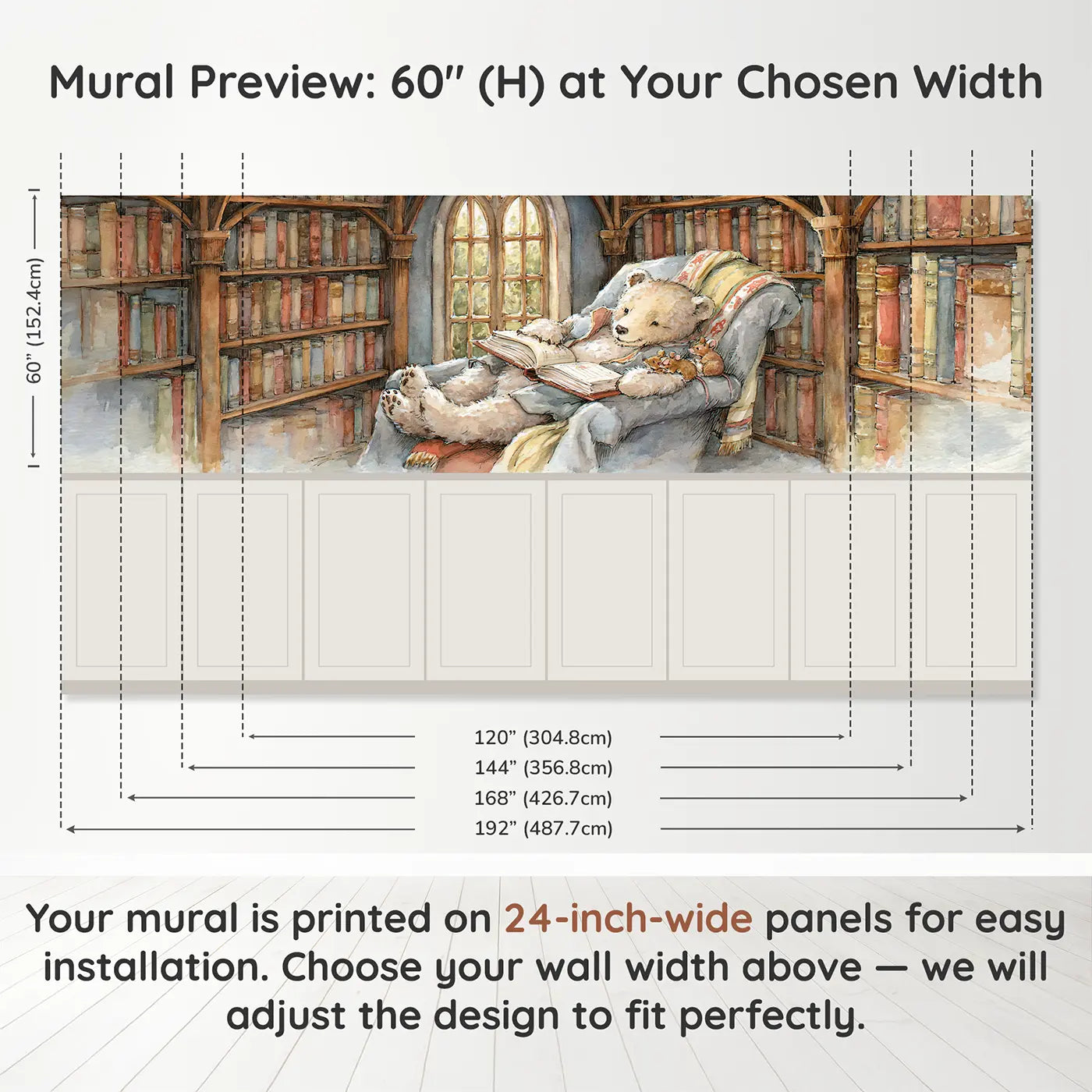 Panel dimensions for Bear Library Reading Window Wainscoting Wallpaper by Whimsy Tots