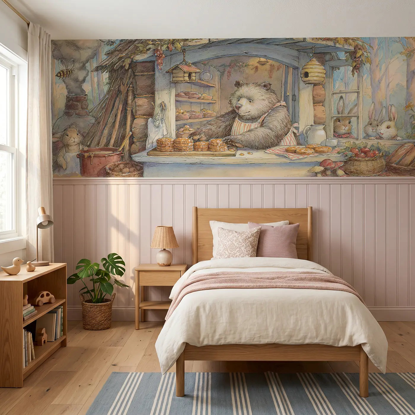 Storybook bear bakery honey cake wainscoting wallpaper for bedroom by Whimsy Tots.