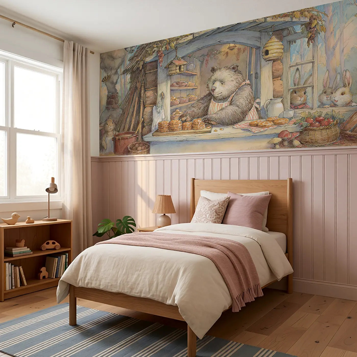 Bear Bakery Honey Cake Wainscoting Wallpaper styled in a kids bedroom by Whimsy Tots